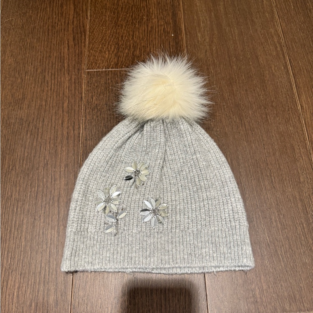 Talbots Gray Sequin Embellished Beanie with Pom Pom